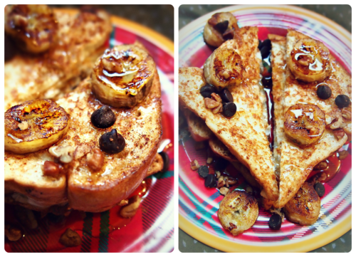 Light French Toast With Nuts, Dark Chocolate Chips & Fried Bananas