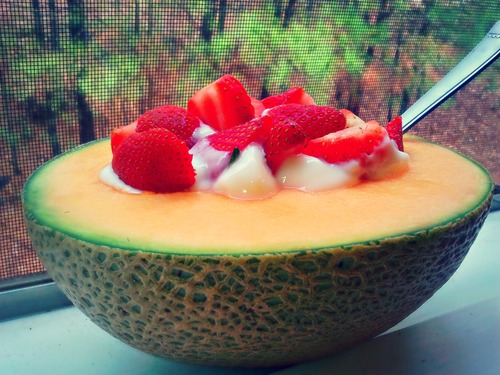 Breakfast: Cantaloupe Bowl With Strawberries and Greek Yogurt!