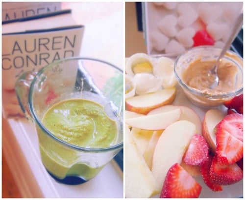 Green Protein Shake with a Side of : Strawberries, Eggs, Apples and PB2 for Lunch!