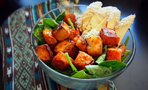 Cinnamon Roasted Butternut Squash Salad with Honey Coconut Apples over Fresh Spinach!