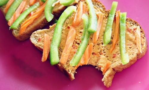 Quick & Easy Toast With Roasted Red Pepper Hummus, Carrots, & Bell Pepper!