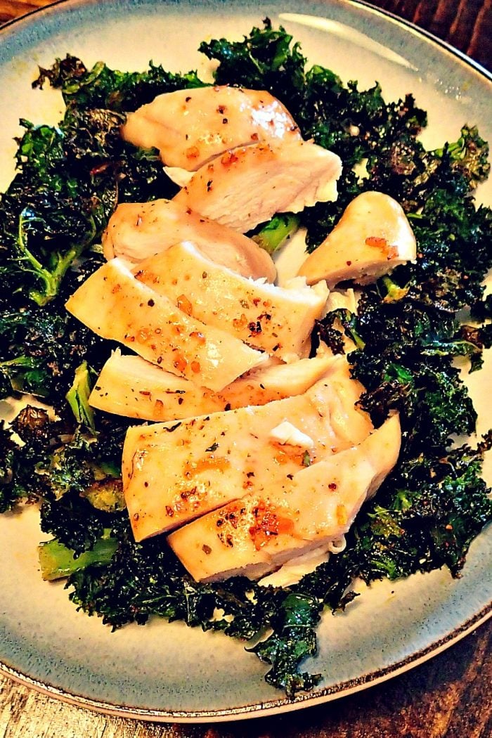 Spicy Peach Chicken Over Baked Kale