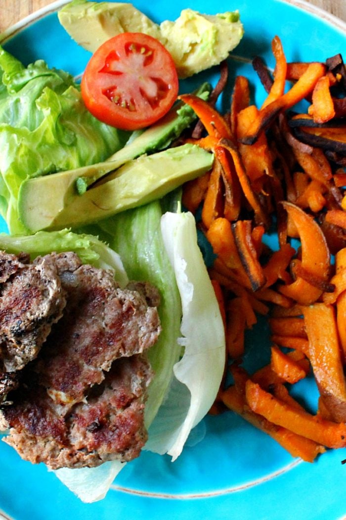 Grilled Turkey Burger Lettuce Wraps With Sweet Potato Fries