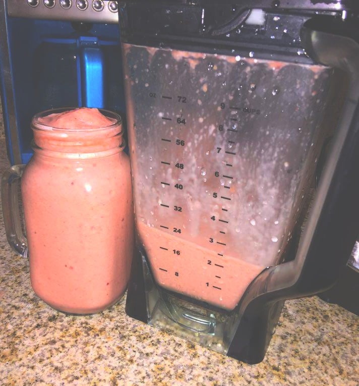 When I was done, I made a breakfast smoothie. It had one scoop of protein powder, 1 banana, frozen strawberries, peaches, 1 packet stevia, ice, and almond milk. 