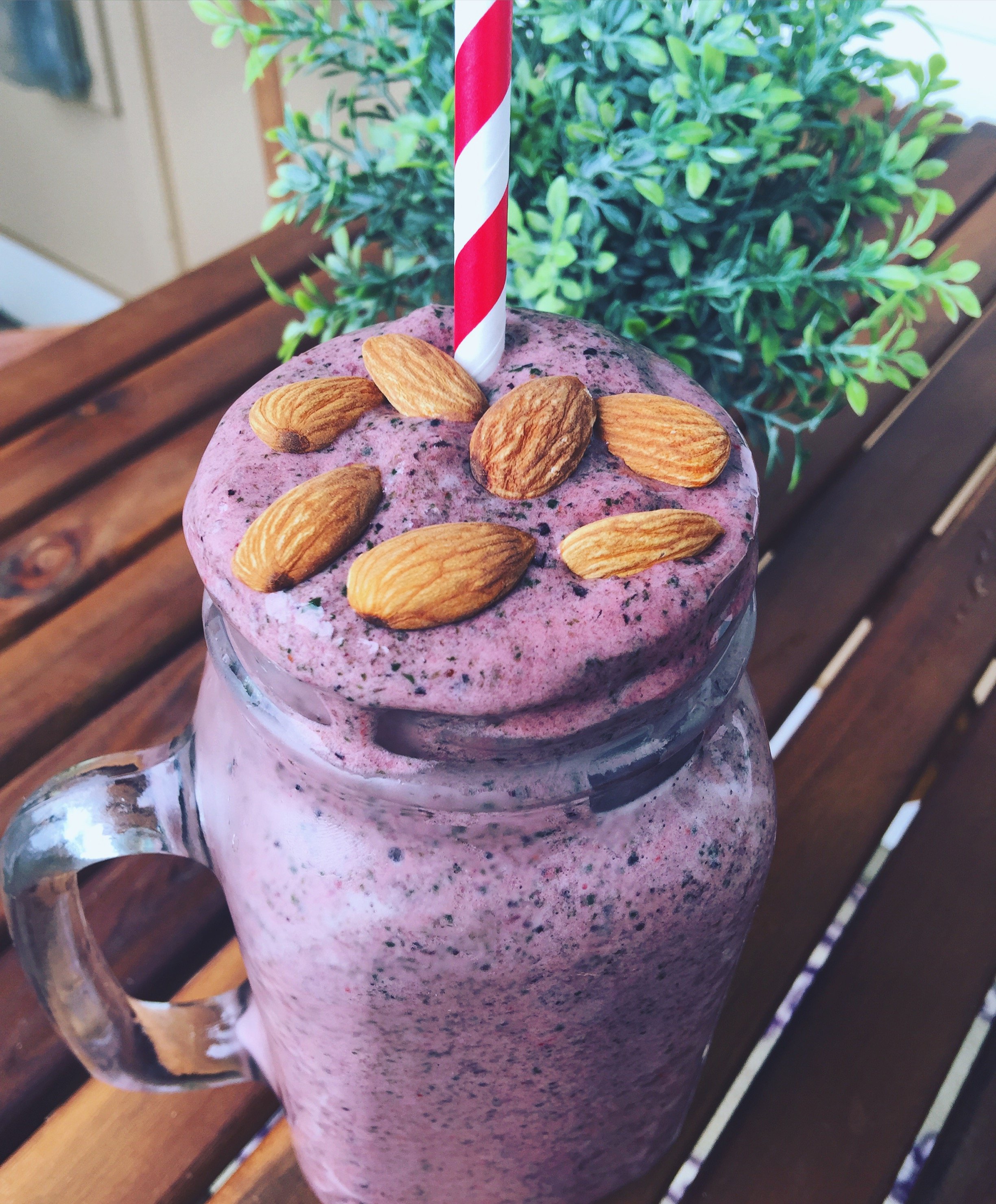My smoothie is made with frozen blueberries, banana, pineapple, almond milk, spinach, kale, chia seeds & Plant-Based Vanilla Protein Powder! I also topped it with almonds. I love when the almonds sink to the bottom and get super cold! It's like the surprise at the bottom of the cereal box.