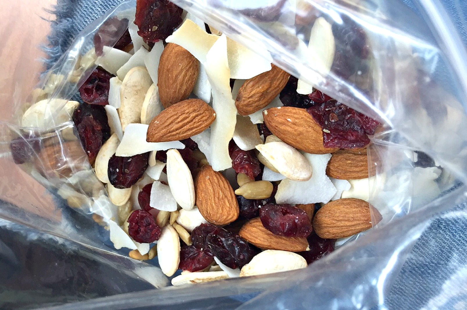 I made a little snack mix that had almonds, cranberries, sunflower seeds, toasted unsweetened coconut, pumpkin seeds and walnuts.