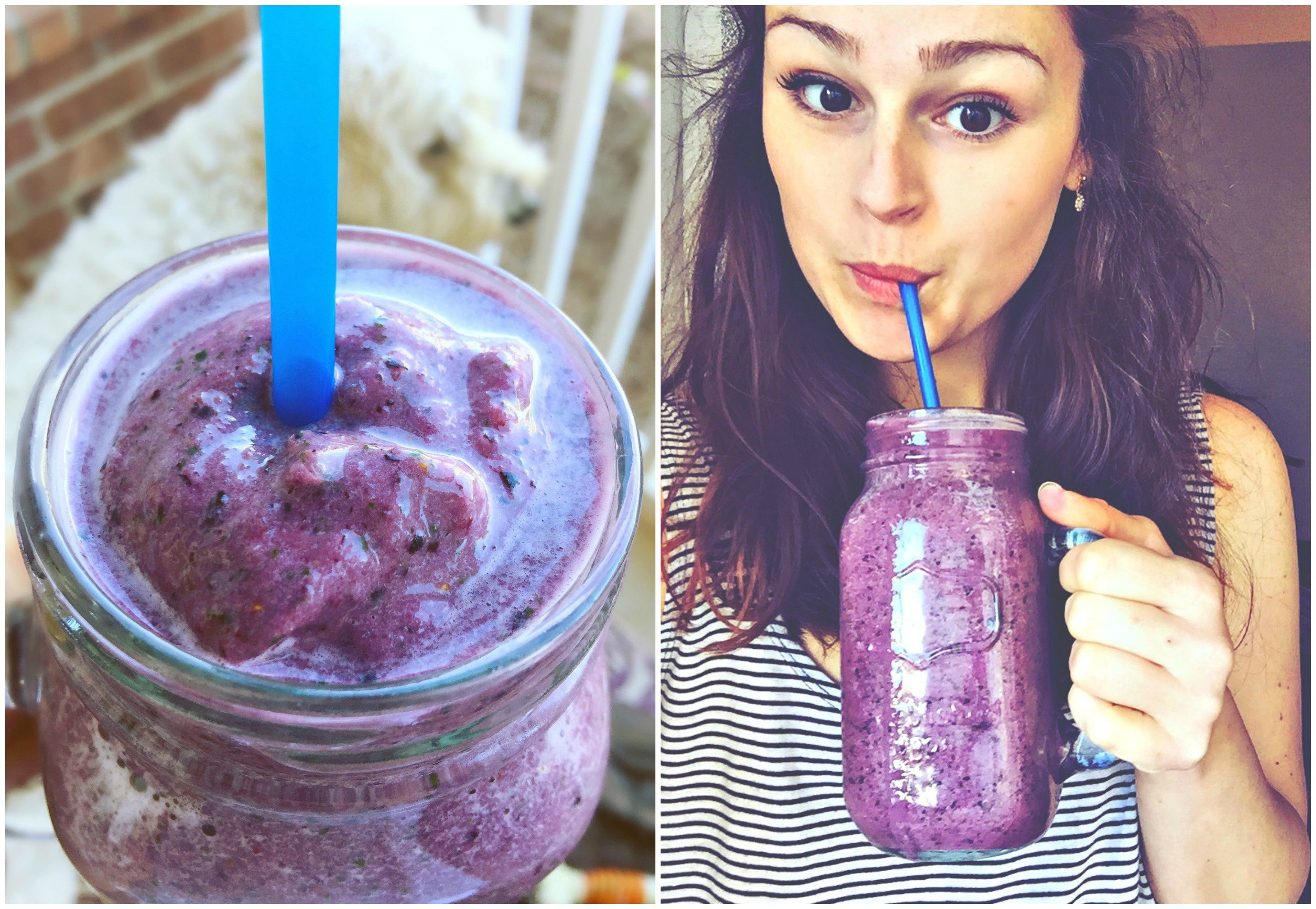 My smoothie was made with frozen blueberries, banana, peaches, almond milk, spinach, kale & Plant-Based Vanilla Protein Powder!