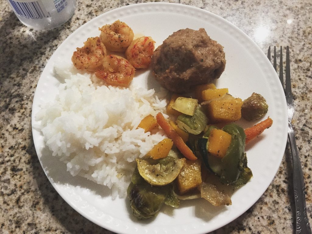 Delicious Dinner Night: Roasted Veggies, Turkey Meatballs, Sticky Rice, Sweet Chili Shrimp