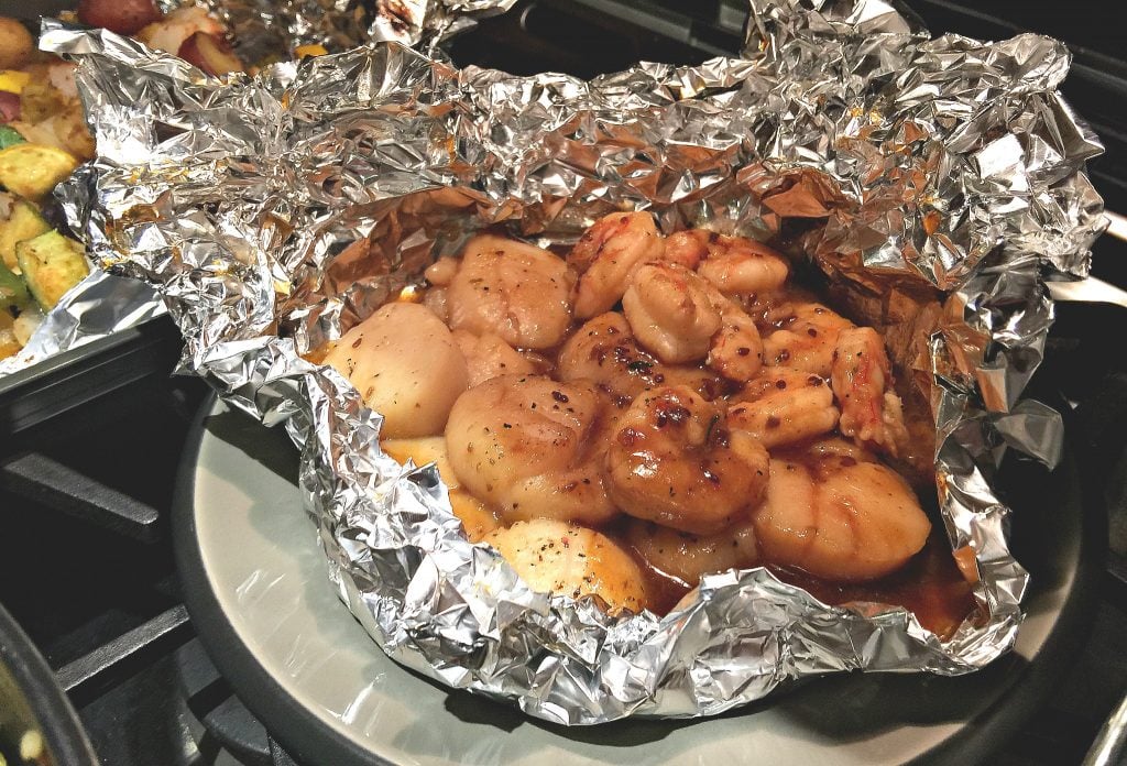 Sweet Chili Teriyaki Seafood Feast, Garlic & Herb Rice & Roasted Vegetables With Rainbow Potatoes