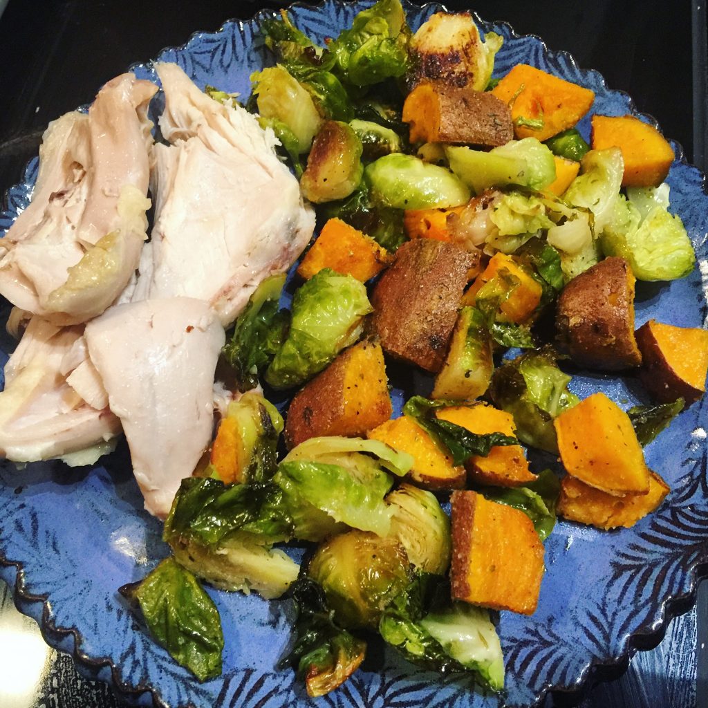 roasted sweet potatoes and brussels sprouts