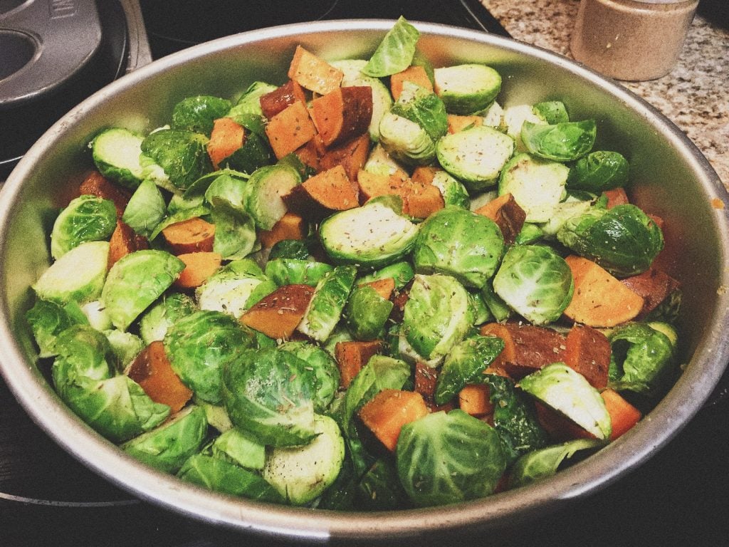 roasted sweet potatoes and brussels sprouts