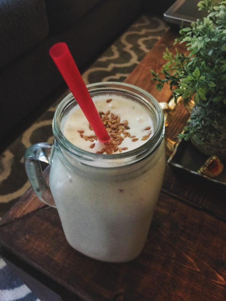 *1 small banana *1 frozen pineapple core *10 ounces unsweetened vanilla almond milk *1 scoop CVS vanilla protein powder *2 tablespoons chia seeds *1 cup ice *1 packet stevia! You can even add a little coconut water!