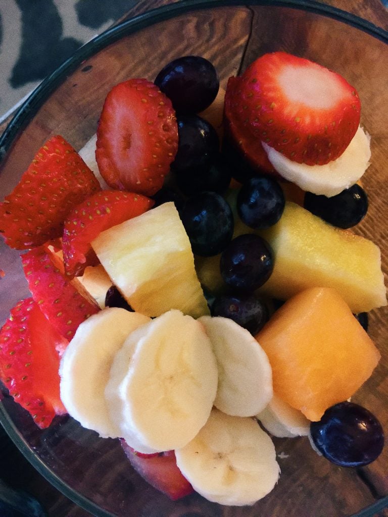 mixed fruit: pineapple, banana, strawberry, grapes, cantaloupe 
