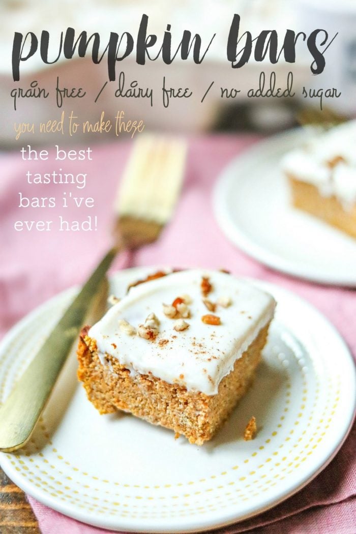Grain-Free Pumpkin Bars with Dairy-Free Cream Cheese Frosting