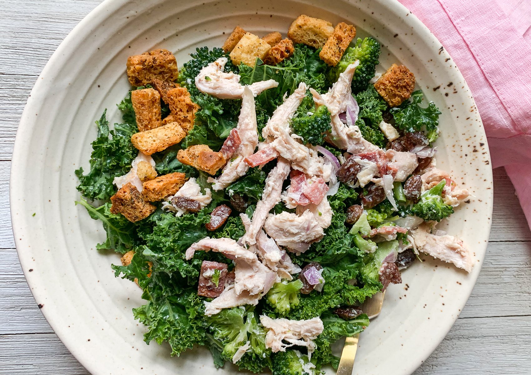 chicken salad, kale, gluten free croutons,