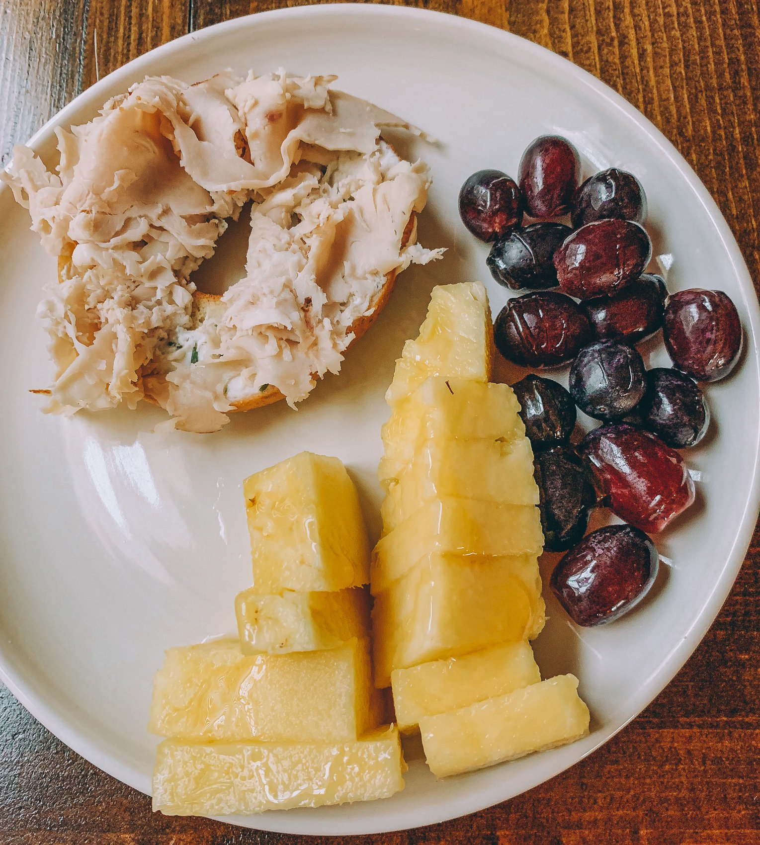 lunch, pineapple, turkey, dairy free, bagel, grapes, pineapple