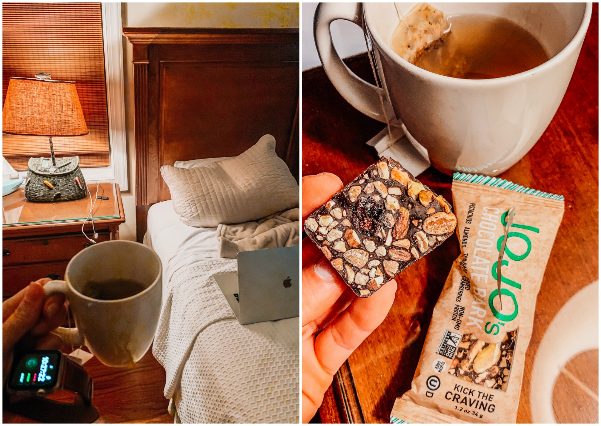 late night snack tea bedtime jojo's chocolate protein vegan plant based lemon ginger tea healthy food travel