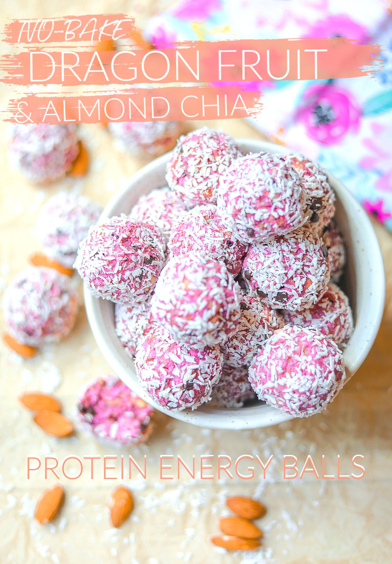 Delicious energy protein balls filled with dragon fruit almonds coconut protein powder dates and vegan chocolate chips gluten free snack dairy free gluten free vegan plant based pithealthy on the go recipe no bake simply taralynn blog kid friendly