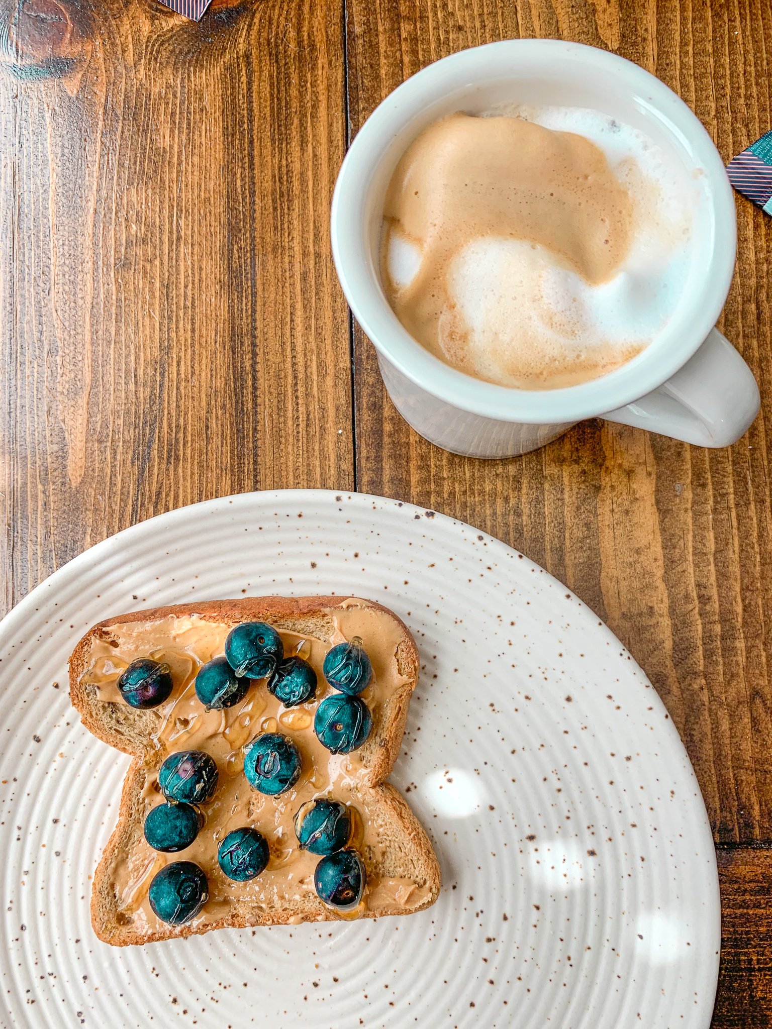 peanut butter gluten free toast honey blueberries almond milk cappuccino Nespresso machine breakfast