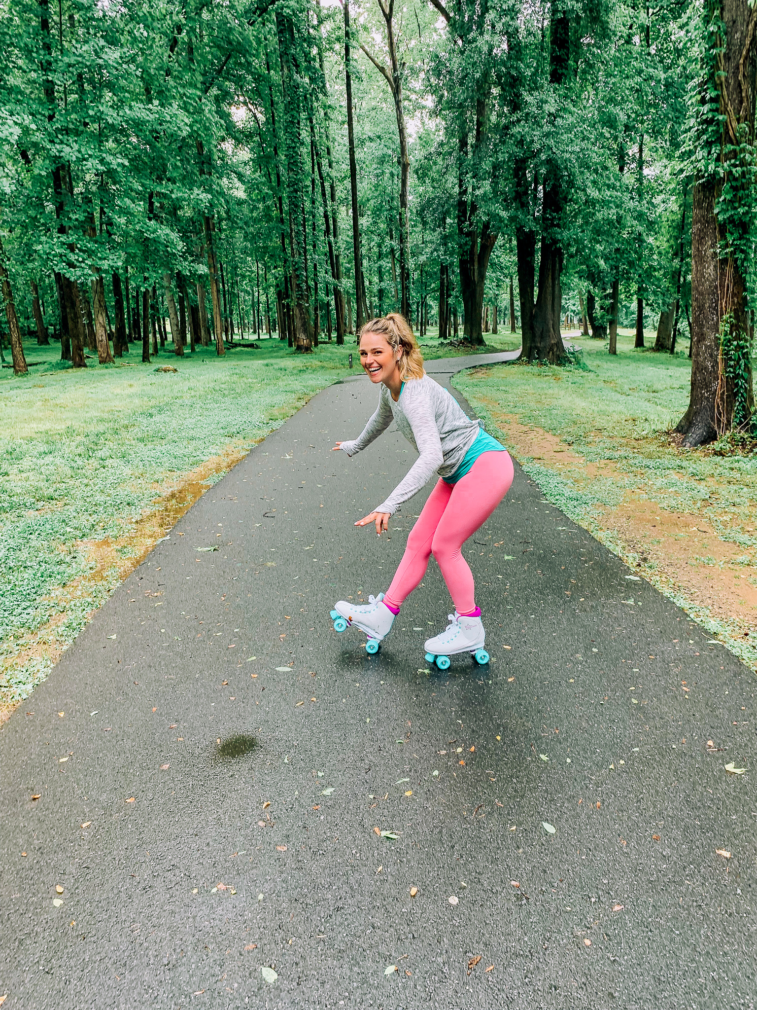 pink leggings Lulu lemon roller skating workout riverwalk Charlotte nc best friends fun day fitness