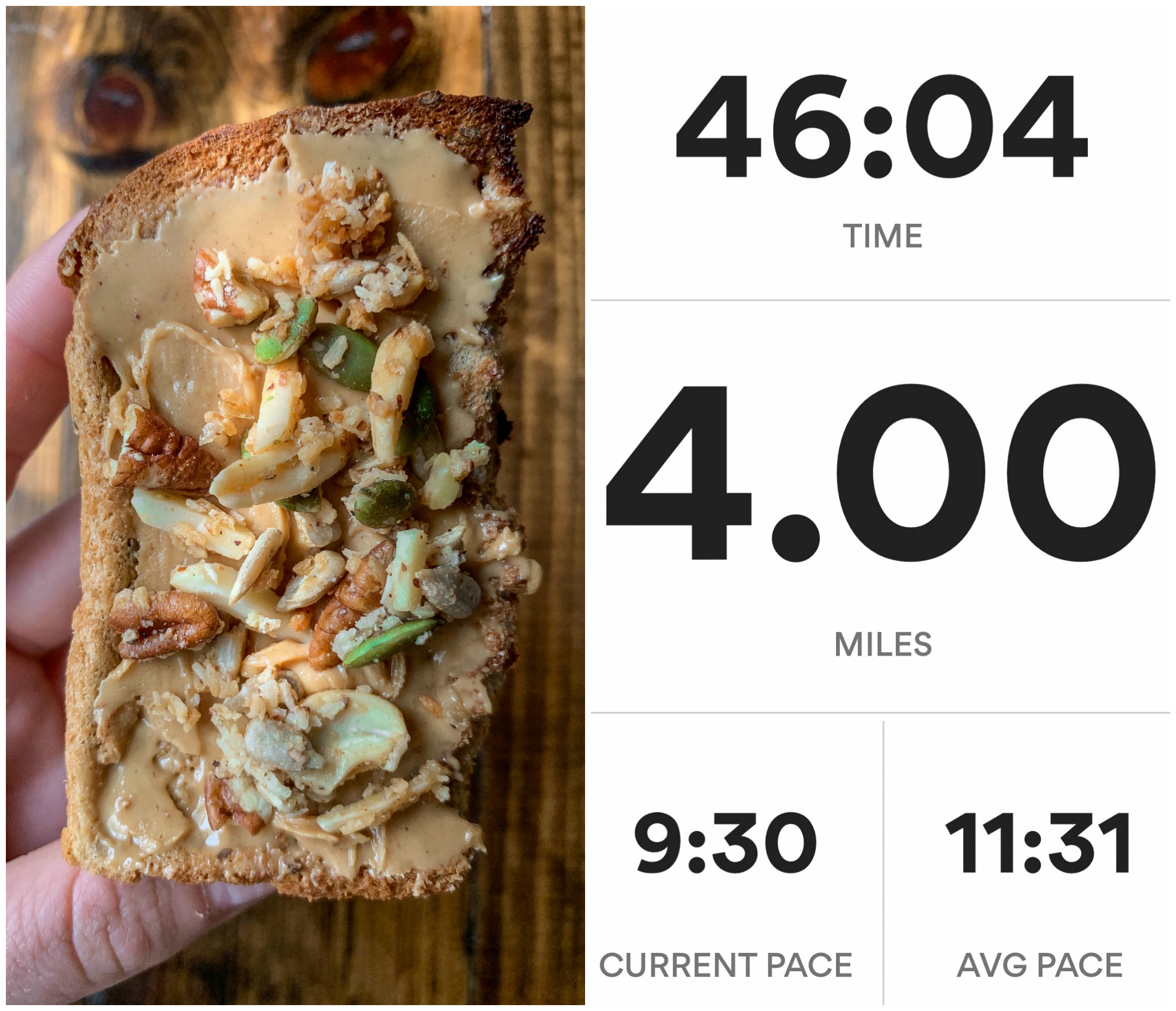 running, hitting four miles, five miles, fun , love life, be happy, pre run workout training peanut butter healthy food gluten free