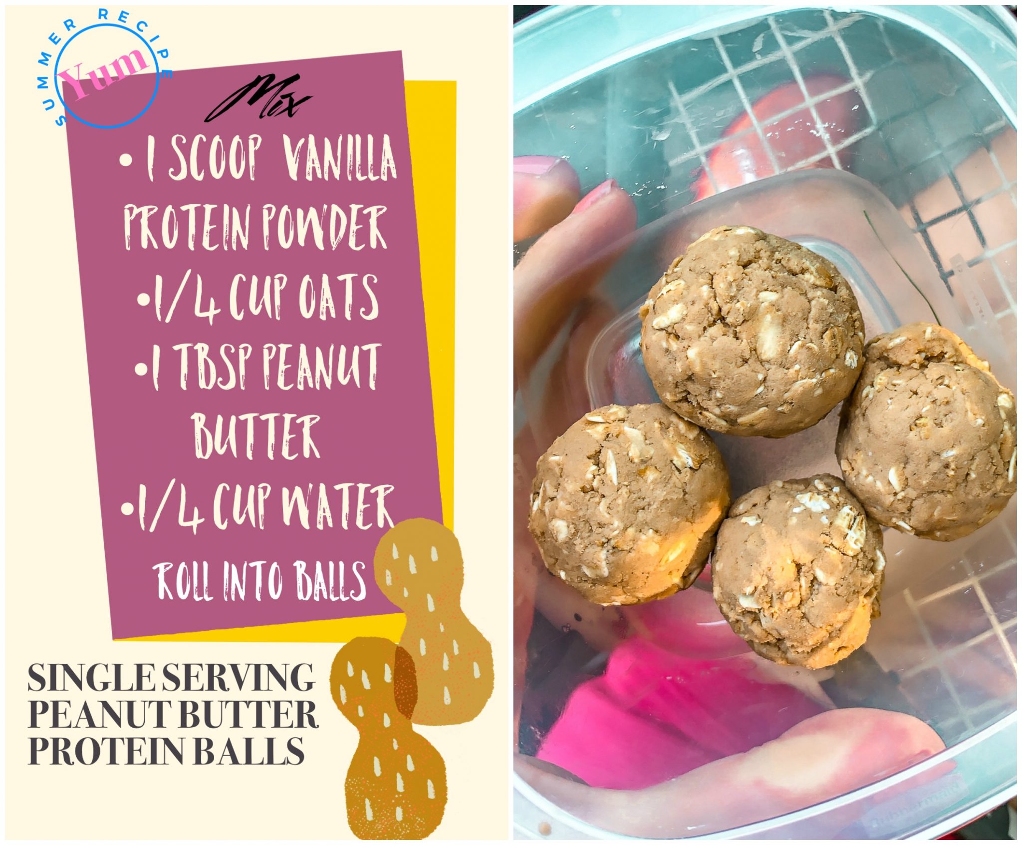 three ingredient protein energy balls, peanut butter, oatmeal, breakfast, healthy, on the go, one serving, plant based, dairy free, gluten free