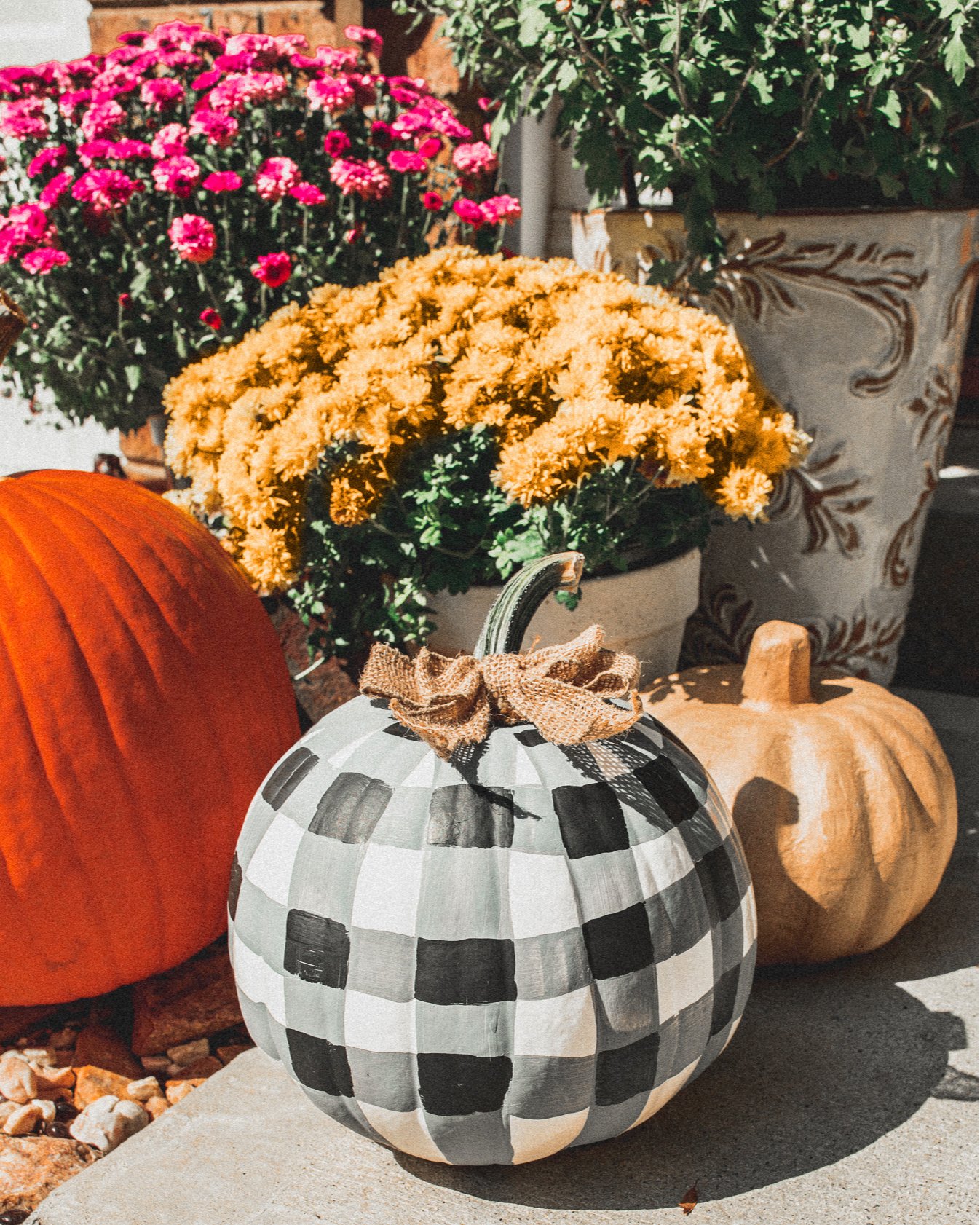 plaid pumpkin, gingham pumpkin, painting pumpkins, pumpkin, black and white, decor, diy fall,
