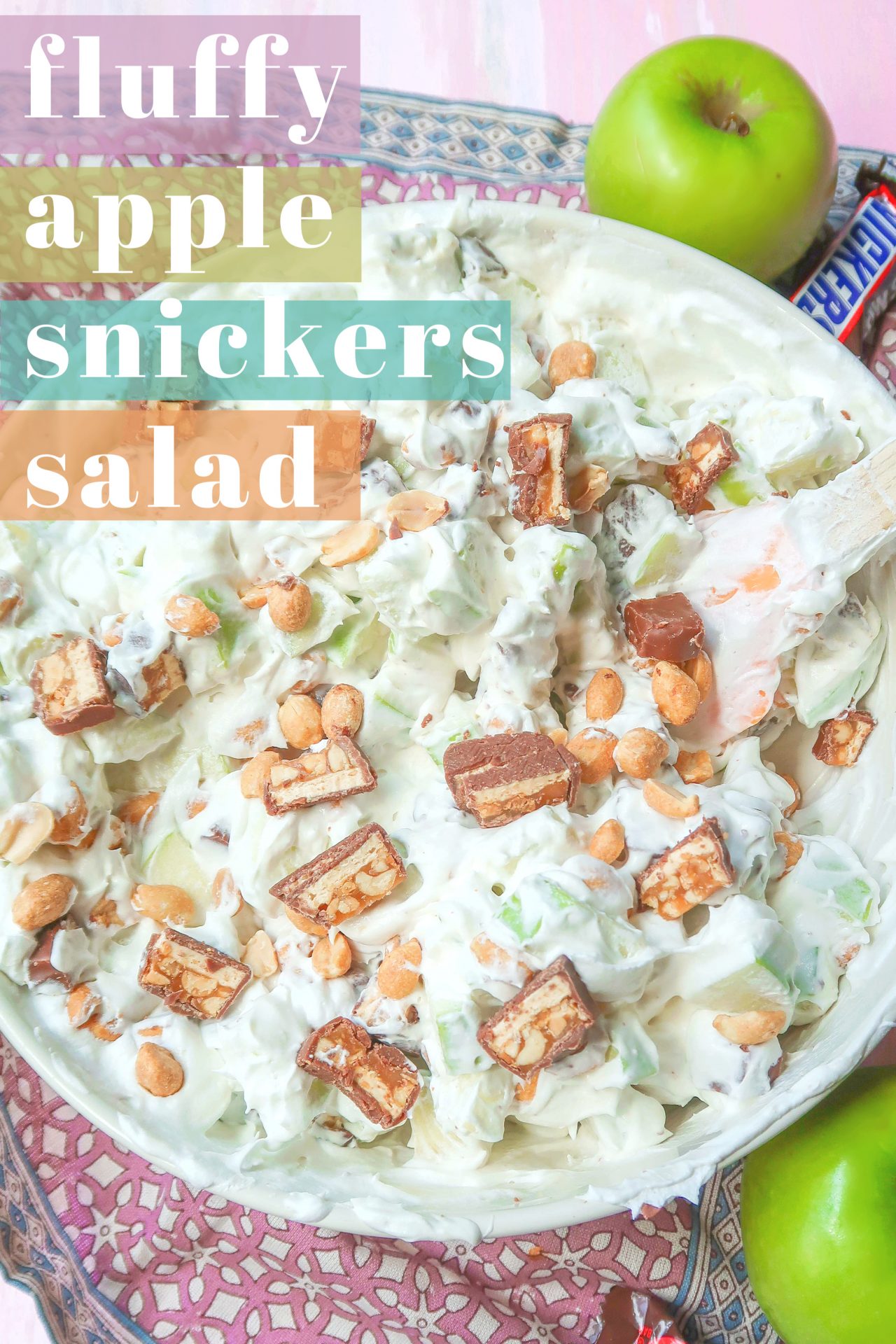 apple snickers salad, whipped cream, vanilla pudding, creamy, dessert salad, summer bbq, party food, chilled salad, summer