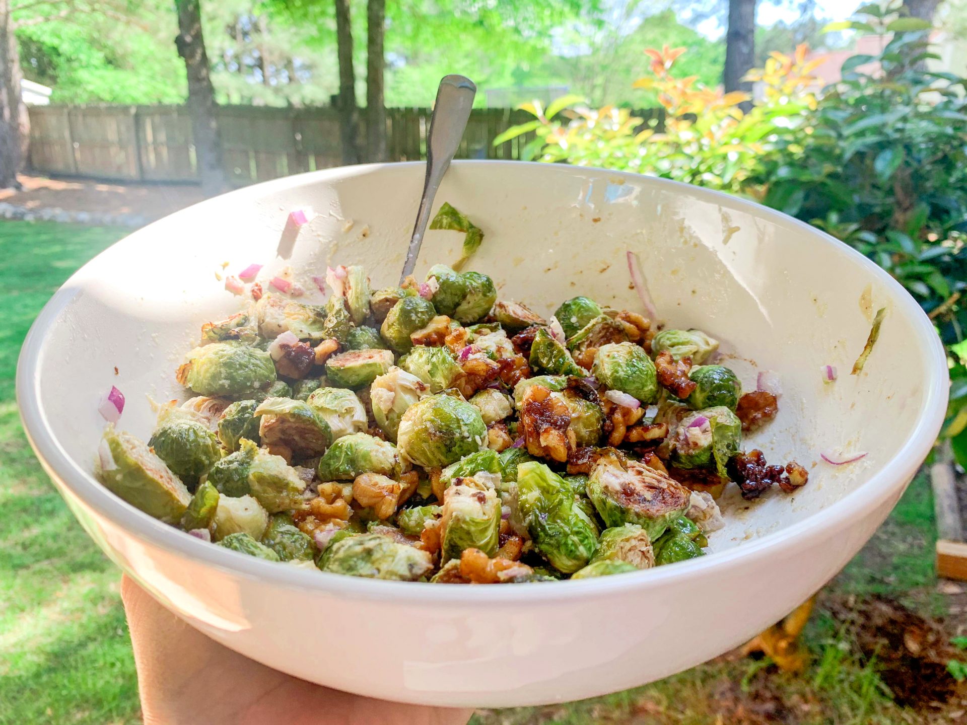 brussels sprouts, vegan, salad, brussel sprout salad, summer recipe, easy, creamy, walnuts, roasted, vegetable side dish, roasted vegetables, onion, healthy eating, summer picnic, barbecue