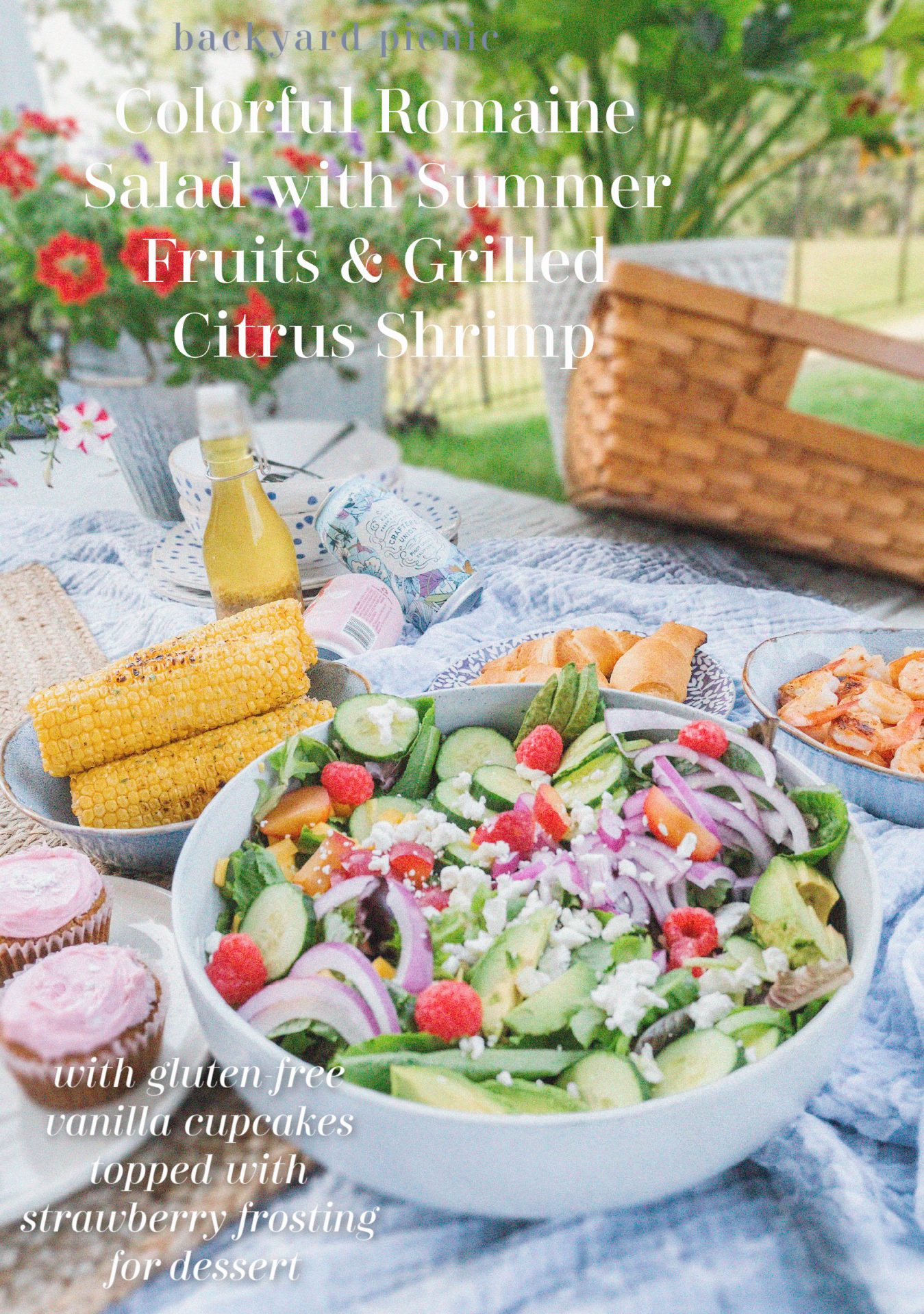 salad, shrimp, backyard, picnic, gluten free, summer, shrimp salad, healthy dinner, cupcakes, corn on the cob, goat cheese, healthy, cupcakes