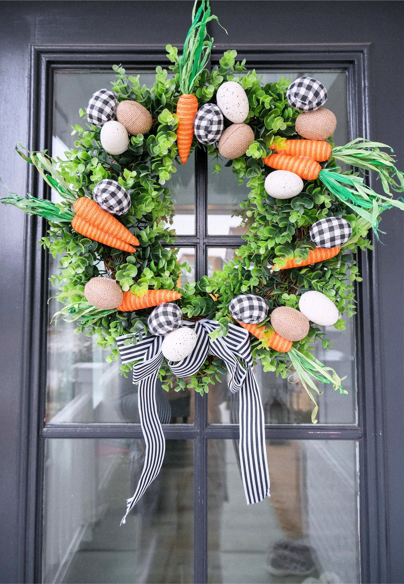 Wreath, carrot wreath, seasonal, spring wreath, diy, eggs, easter, home decor, front porch, hobby lobby, minimal, inexpensive, ghingam, carrot decor, spring diy, home projects
