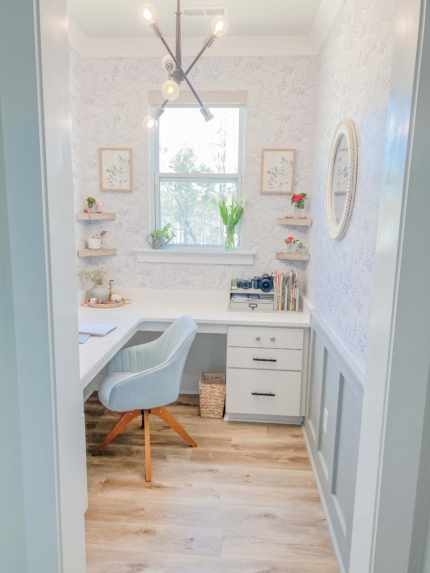 office, wallpaper, board and batten, blue office, cottage style, board and batten with wallpaper, cute and cozy, office space, girls, cottage core, cottage style, light blue, floral wallpaper, taralynn's house