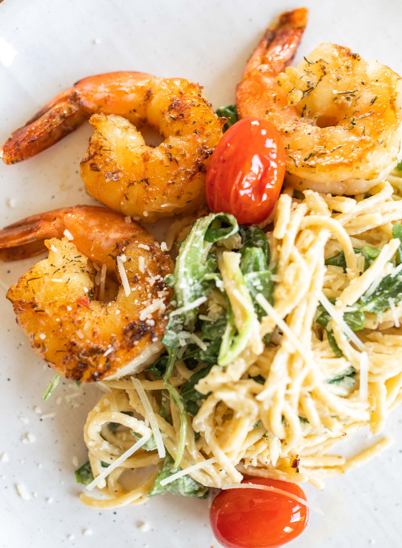shrimp, pasta, carbonara, seafood, tomatoes, spinach, dinner, healthy, gluten-free, parm garlic, peach, citrus, herb, dinner, easy dinner
