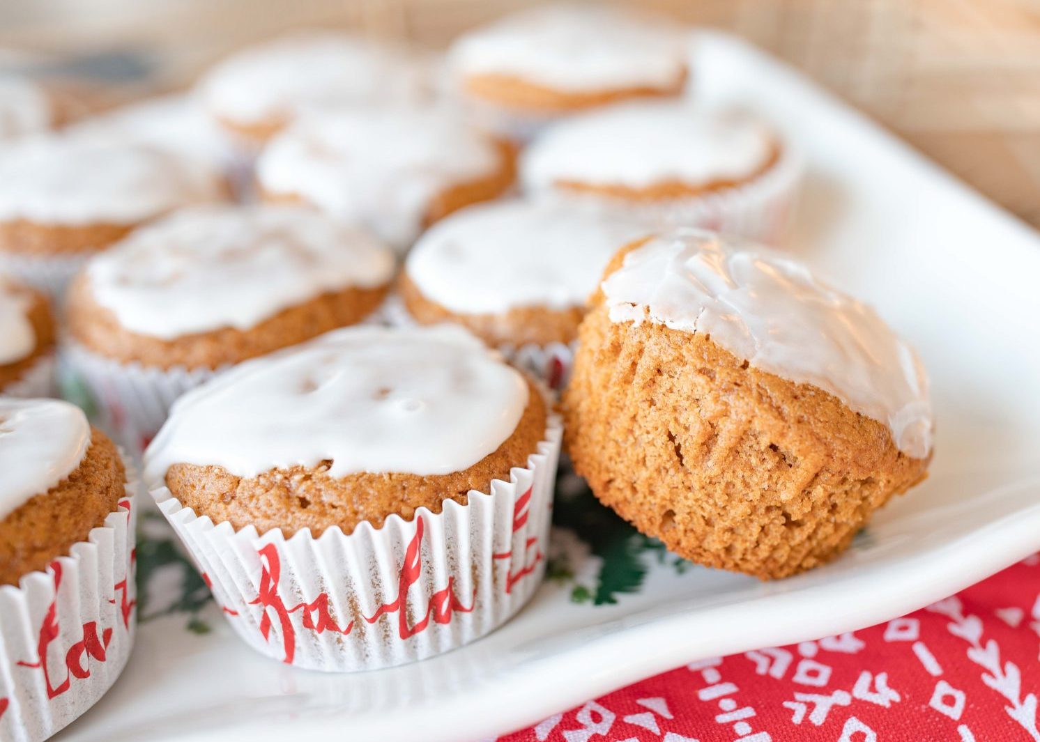 frosted gingerbread muffins, breakfast, light, ginger muffins, recipes, food, holidays, Christmas, icing, breakfast 