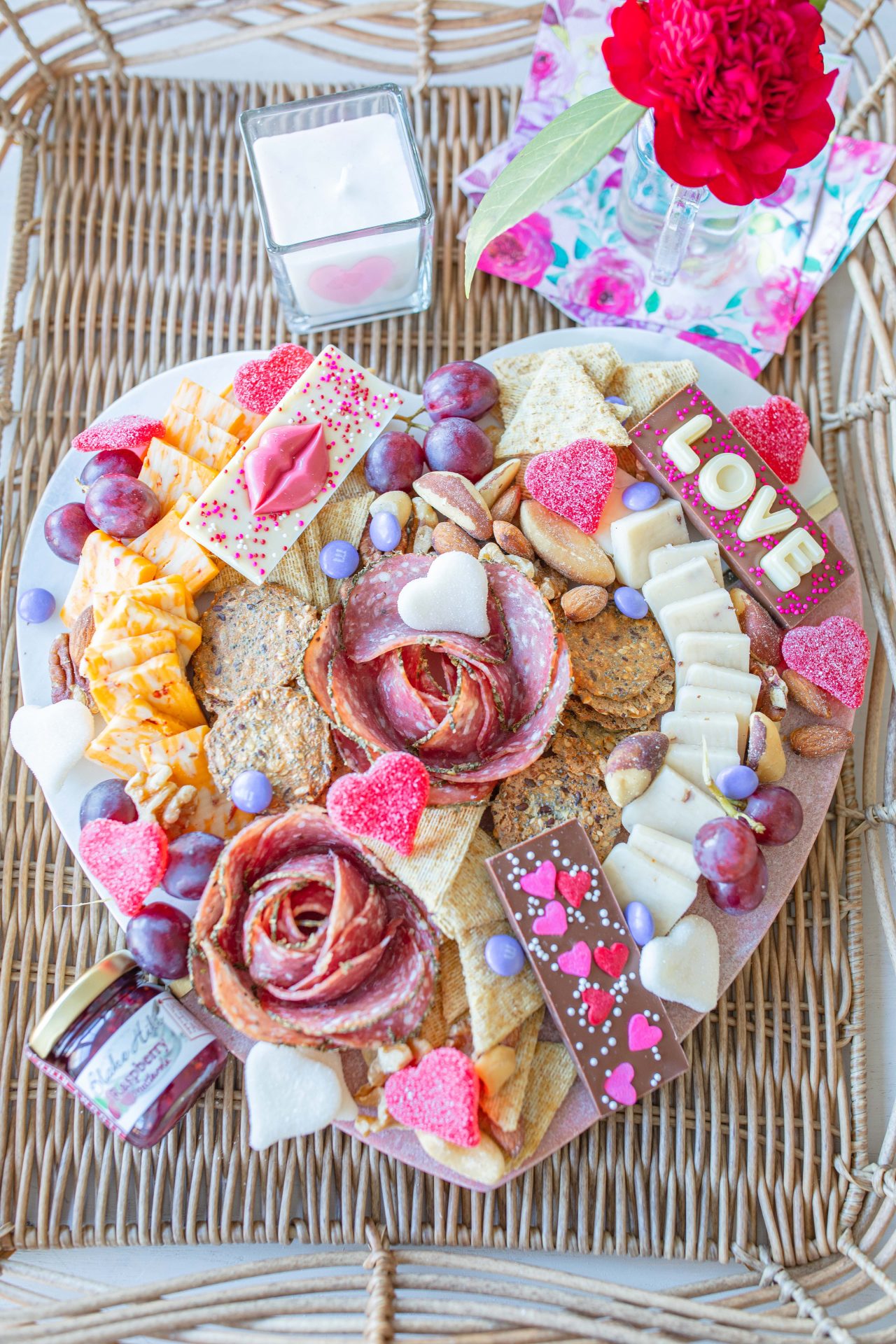 Charcuterie board, date night, valentines day, chocolates, baxter village chocolate, cheese board, meat and cheese, kombucha, date night board, valentines day recipe