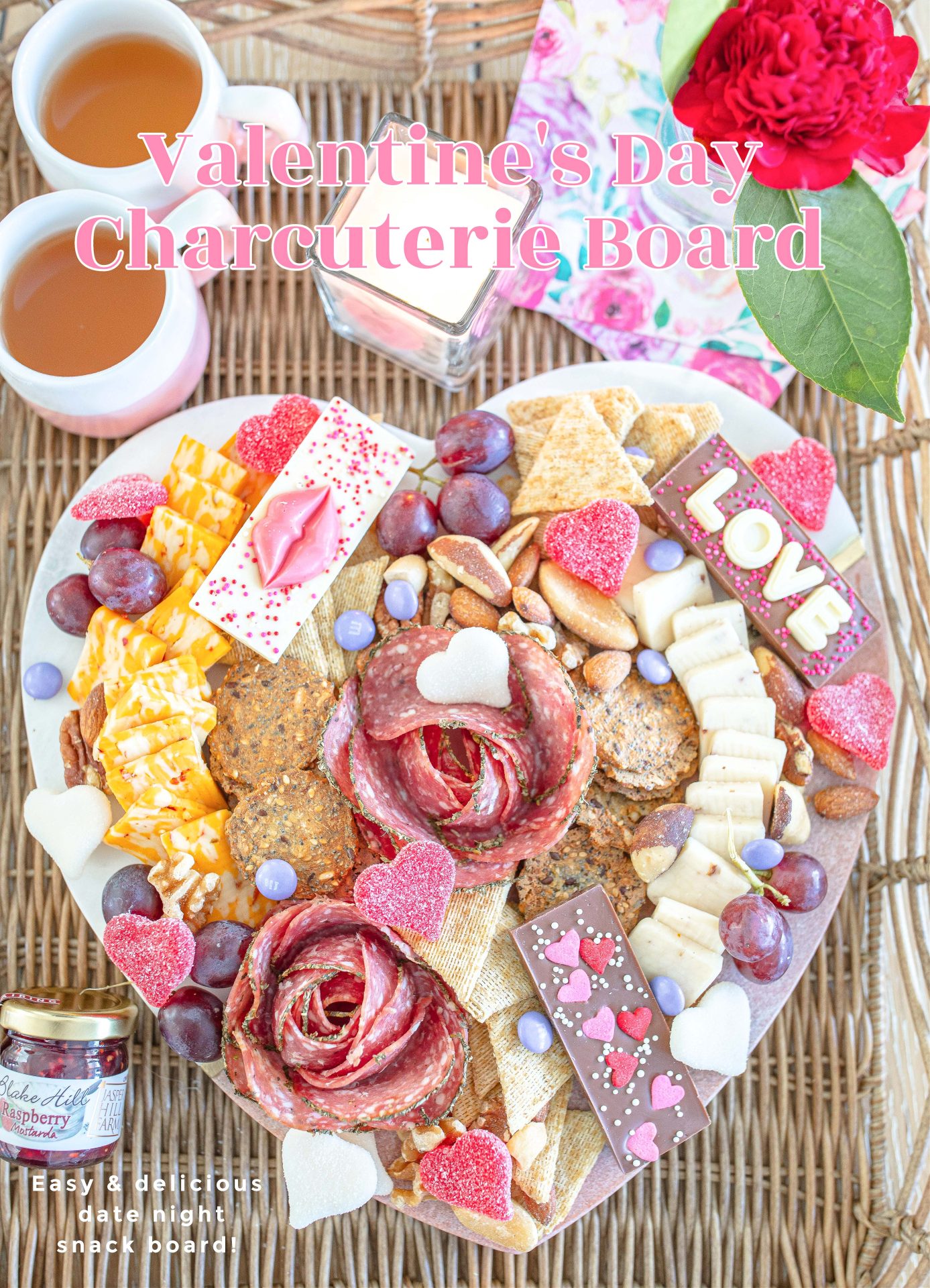 Charcuterie board, date night, valentines day, chocolates, baxter village chocolate, cheese board, meat and cheese, kombucha, date night board, valentines day recipe