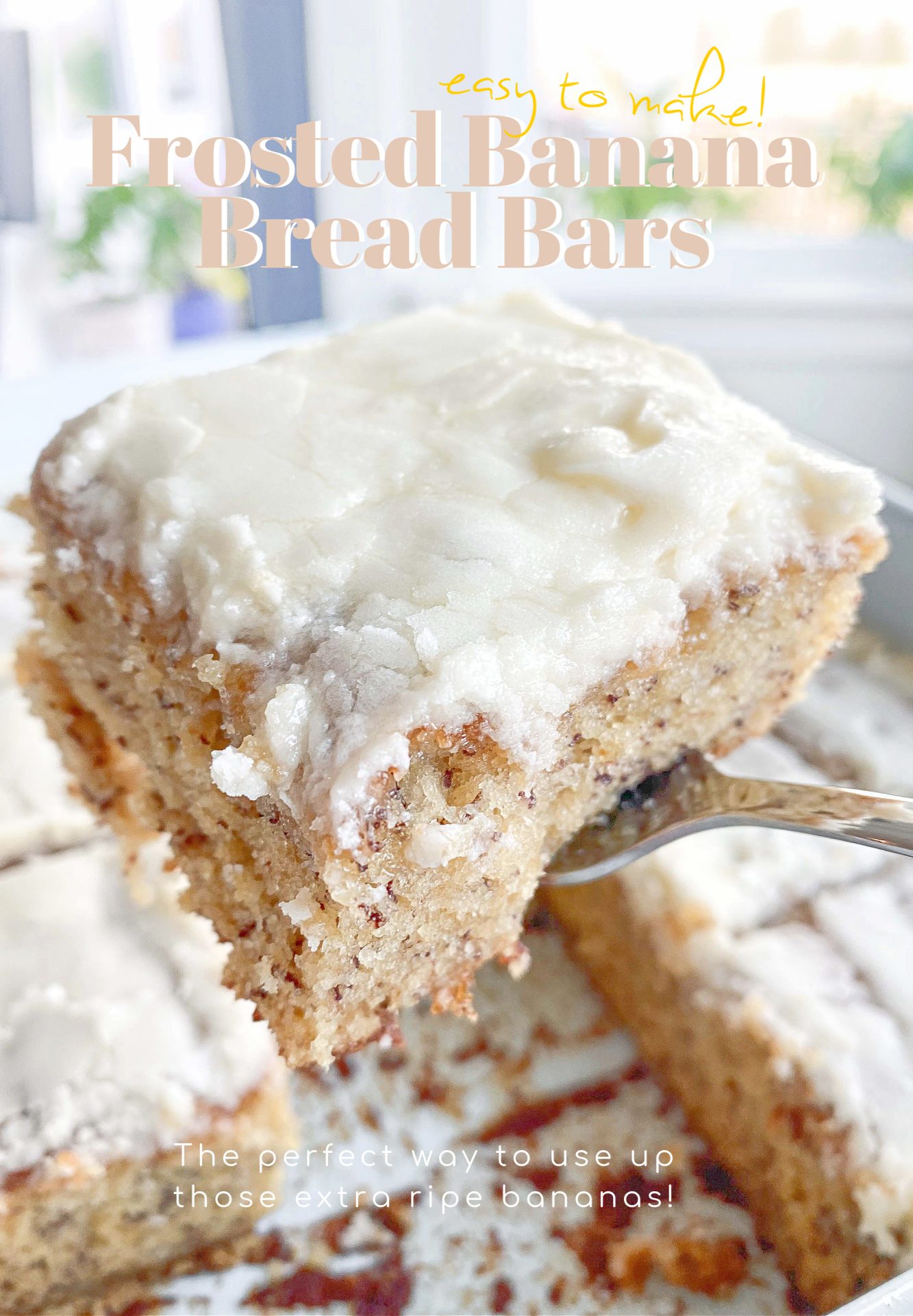 frosted banana bread bars, baking, bananas, easy to bake, what to do with extra ripe bananas, frosting, moist banana bread, banana bread recipe, banana bar recipe, banana dessert, banana recipes, breakfast ideas