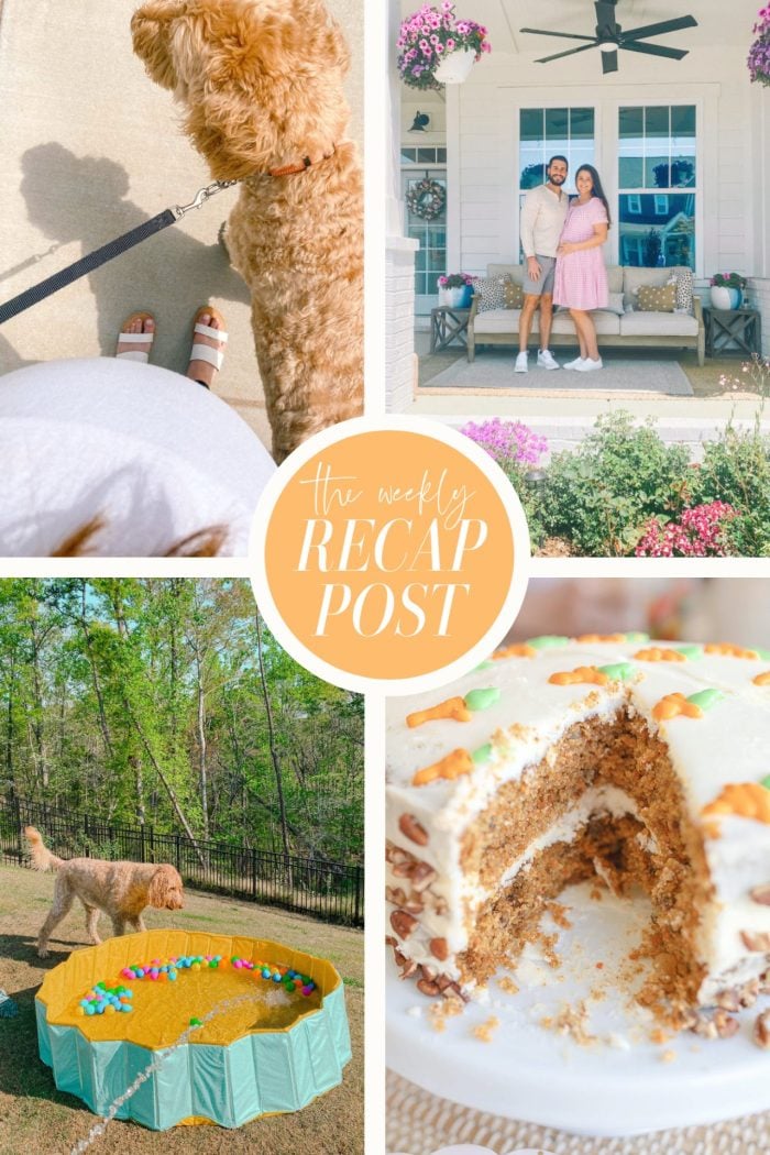 carrot cake, easter celebration, spring, fort mill South Carolina, cottage garden, weekly recap blog, blogger, nine months pregnant, 9 months pregnant, easter dress, day in the life, what I did this week, celebrate, carrot cake is the best, Starbucks decaf drink, tux, Leo, dog pool, things to do with your dogs in the summer, walking the dog, raspberries, chocolate babka, breakfast, first watch, Charlotte nc