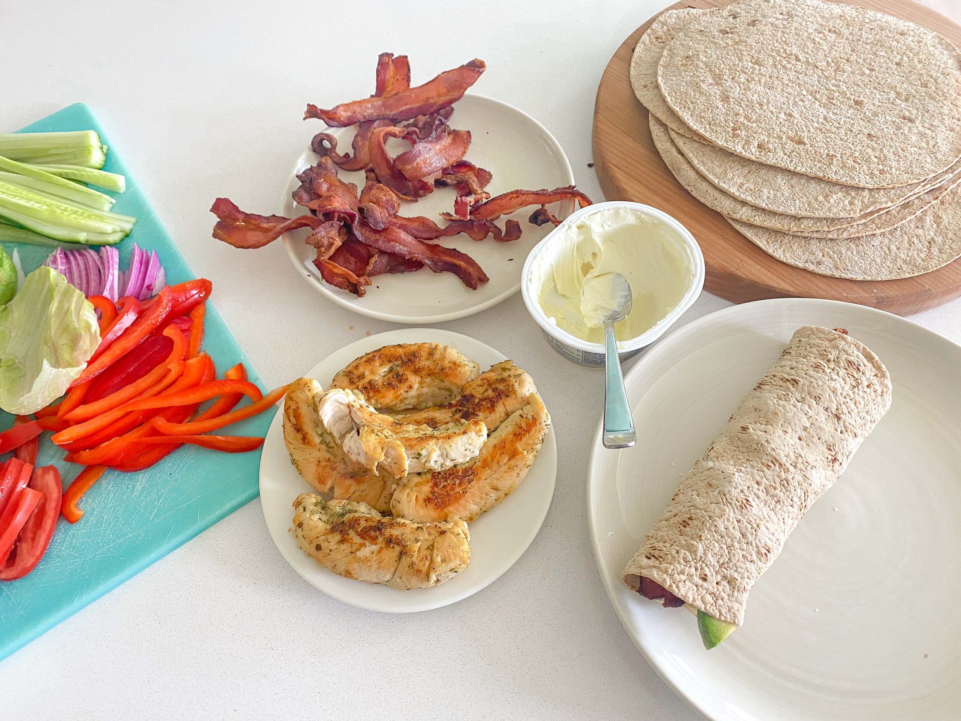 low carb multigrain wraps, lettuce, veggies, bacon, lunch, meal prep, cream cheese, chicken, ranch, healthy meal wraps, lunch ideas, wraps for lunch, wraps to go, easy on the go meals, travel ideas, travel food, bacon, cream cheese, low carb, keto, diet
