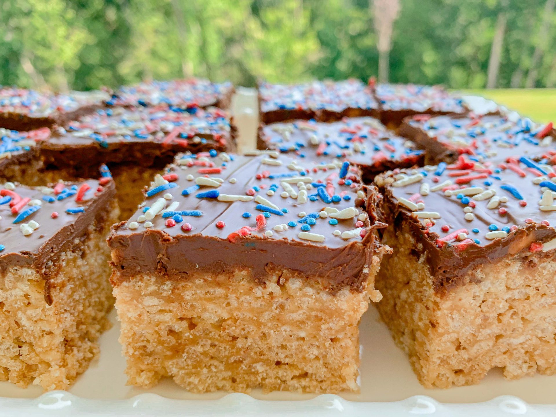 Scotcharoos, 4th of July, Rice Krispies, Red White and Blue Dessert, Scotcharoo recipe, holiday, July, memorial day, Labor Day, peanut butter Rice Krispies, chocolate peanut butter Rice Krispies, summer treats, no bake 