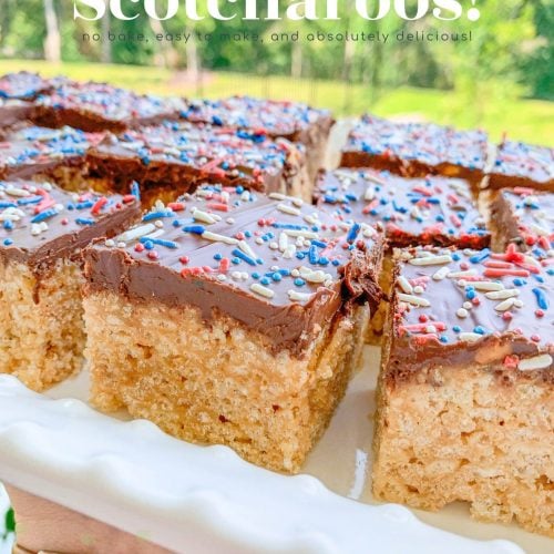 Scotcharoos, 4th of July, Rice Krispies, Red White and Blue Dessert, Scotcharoo recipe, holiday, July, memorial day, Labor Day, peanut butter Rice Krispies, chocolate peanut butter Rice Krispies, summer treats, no bake