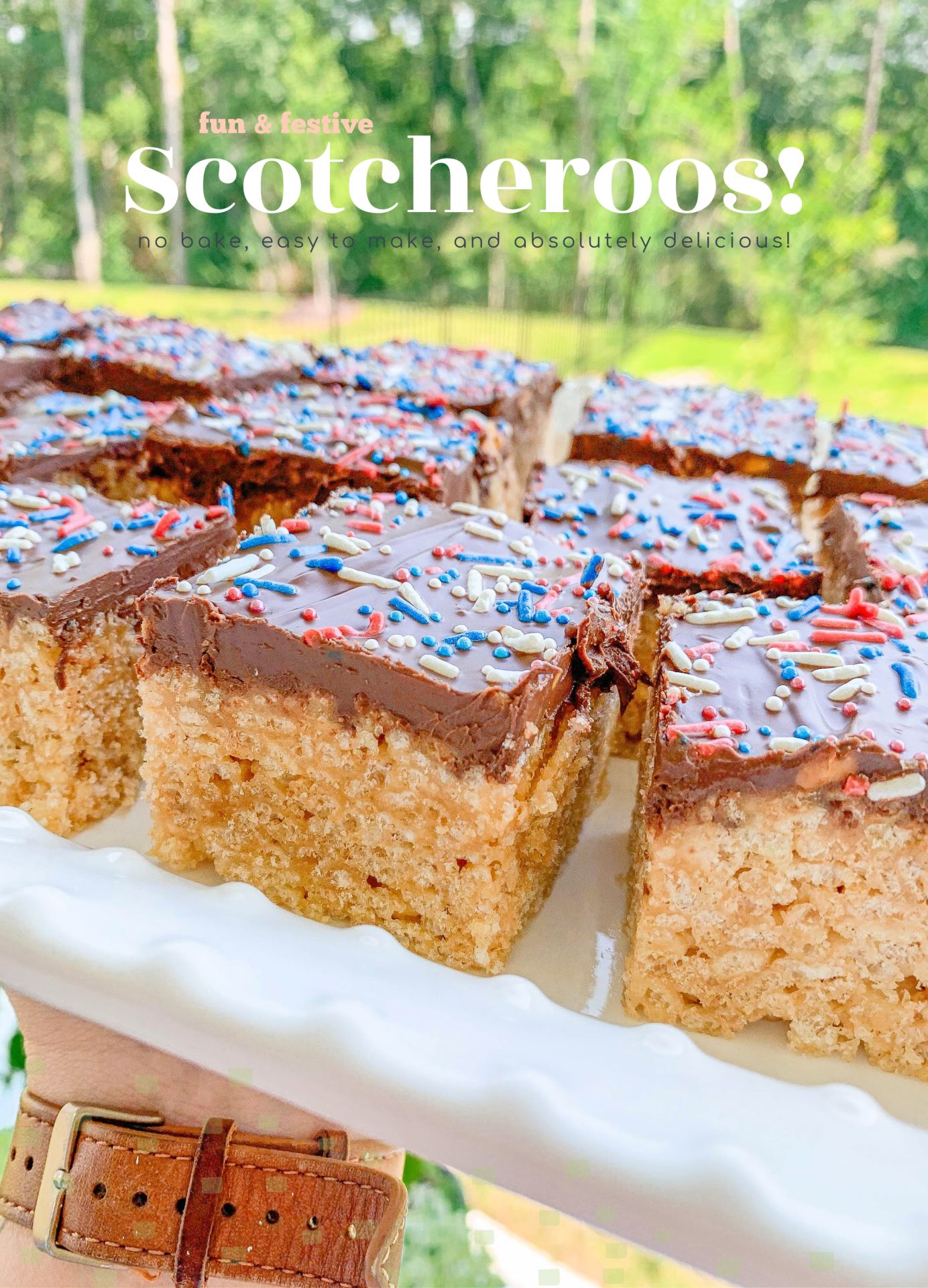 Scotcheroos, 4th of July, Rice Krispies, Red White and Blue Dessert, Scotcharoo recipe, holiday, July, memorial day, Labor Day, peanut butter Rice Krispies, chocolate peanut butter Rice Krispies, summer treats, no bake