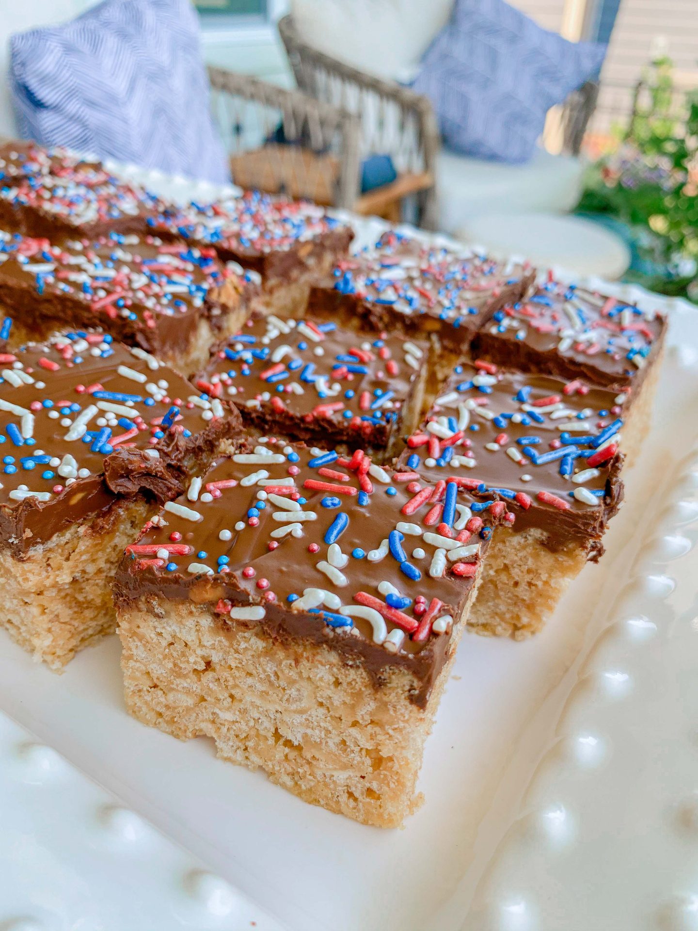 Scotcharoos, 4th of July, Rice Krispies, Red White and Blue Dessert, Scotcharoo recipe, holiday, July, memorial day, Labor Day, peanut butter Rice Krispies, chocolate peanut butter Rice Krispies, summer treats, no bake 