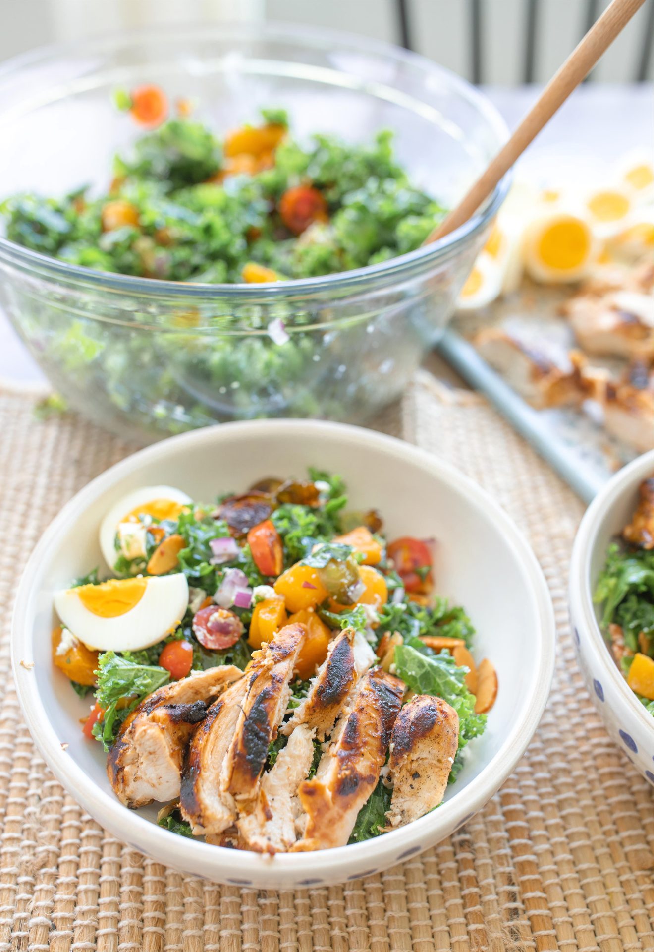 kale salad, chicken, grilled chicken, marinated kale salad, meal prep, eating healthy, food prep, goat cheese, butternut squash, Brussels sprouts, eggs, healthy eating, postpartum weightloss, postpartum weight loss, dinner, lunch, tossed salad, gluten-free, nuts, healthy dinner idea