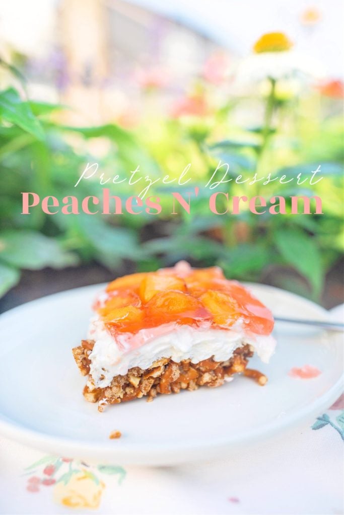 peaches n cream dessert, pretzel salad, peaches and cream dessert salad, creamy pretzel jello dessert, vegetarian, summer desserts, refreshing recipe, what to do with peaches, summer peaches, farmers market, peach party, peach dessert, cake, recipe easy, whipped cream, peach jello