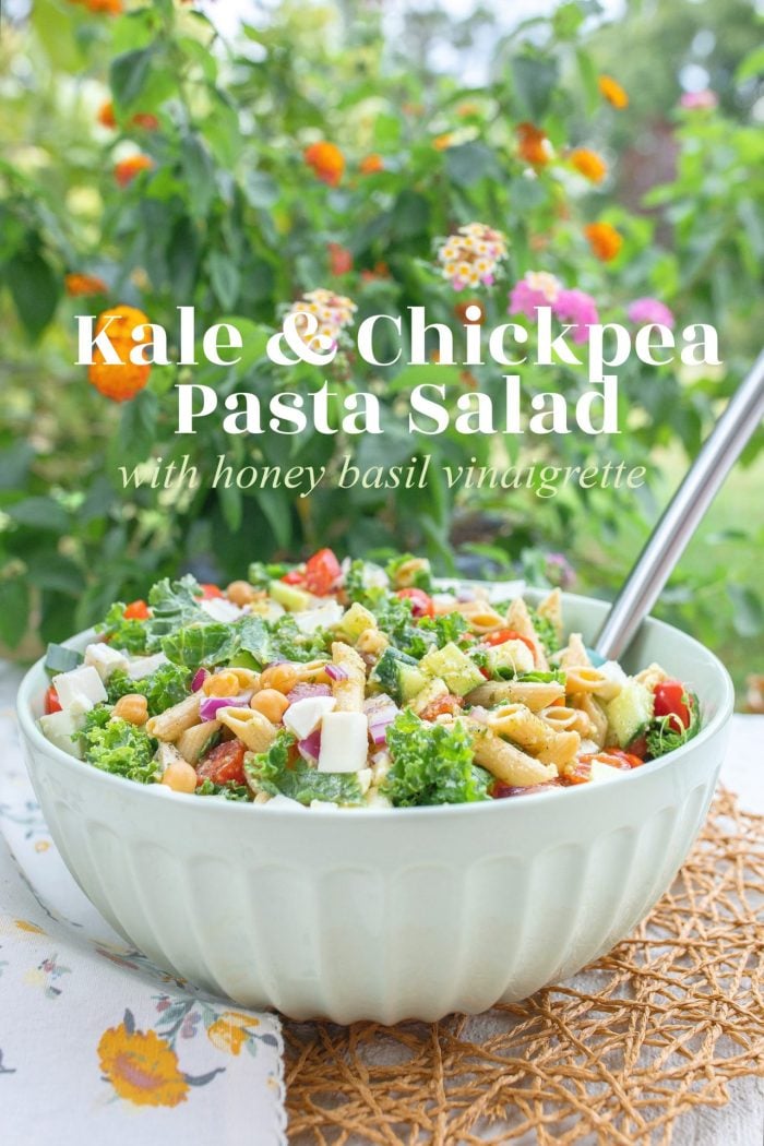 pesto pasta salad, chickpea, lunch, meal prep, gluten-free, kale salad, healthy eating, party foods, delicious colorful meals, lunch, dinner, side salad, pasta salad, pesto, basil, mozzarella, no bake, basil vinaigrette, pine nuts