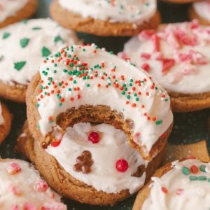 frosted gingerbread cookies, sprinkles, gingerbread cookie, chewy gingerbread, gingerbread, christmas baking, cookies, cookie recipe, festive, christmas cookies, 25 days of christmas, baking with kids, ginger cookies, molasses, pretty baking, gifts for family, baking gifts