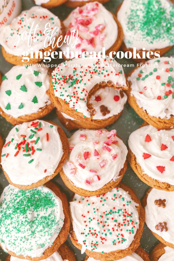 frosted gingerbread cookies, sprinkles, gingerbread cookie, chewy gingerbread, gingerbread, christmas baking, cookies, cookie recipe, festive, christmas cookies, 25 days of christmas, baking with kids, ginger cookies, molasses, pretty baking, gifts for family, baking gifts