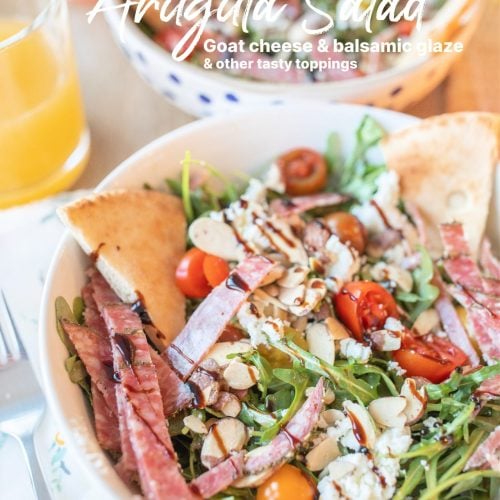 arugula salad, goat cheese, gluten-free, balsamic, toasted honey roasted almonds, tomatoes, vine tomatoes, eating healthy, dinner, weight loss, vegetables, balsamic vinaigrette, salad dressing, fresh salads, refreshing recipes, spring, salads, low calorie, salami, easy salad recipe, quick recipe, naan bread, pita bread