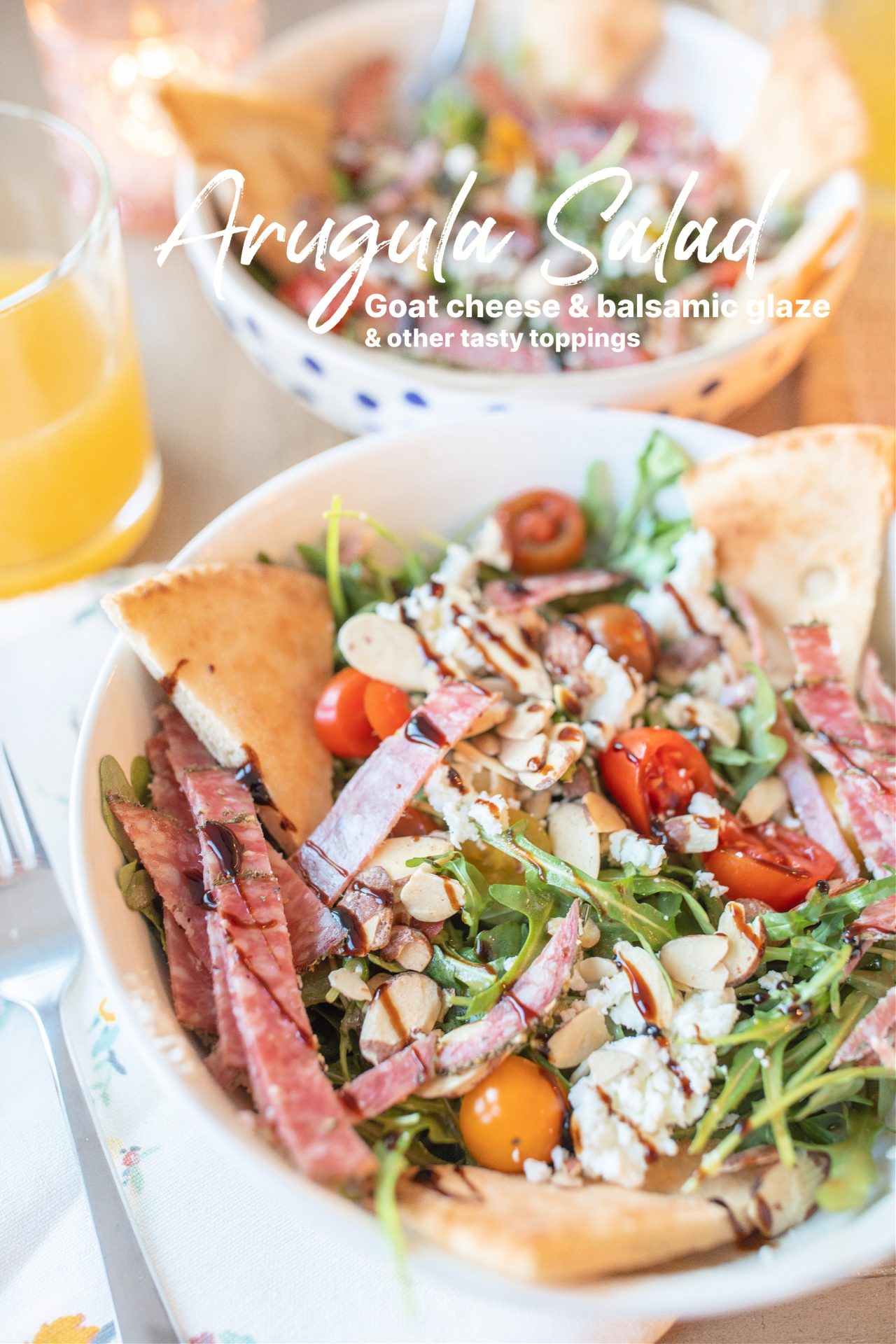 arugula salad, goat cheese, gluten-free, balsamic, toasted honey roasted almonds, tomatoes, vine tomatoes, eating healthy, dinner, weight loss, vegetables, balsamic vinaigrette, salad dressing, fresh salads, refreshing recipes, spring, salads, low calorie, salami, easy salad recipe, quick recipe, naan bread, pita bread